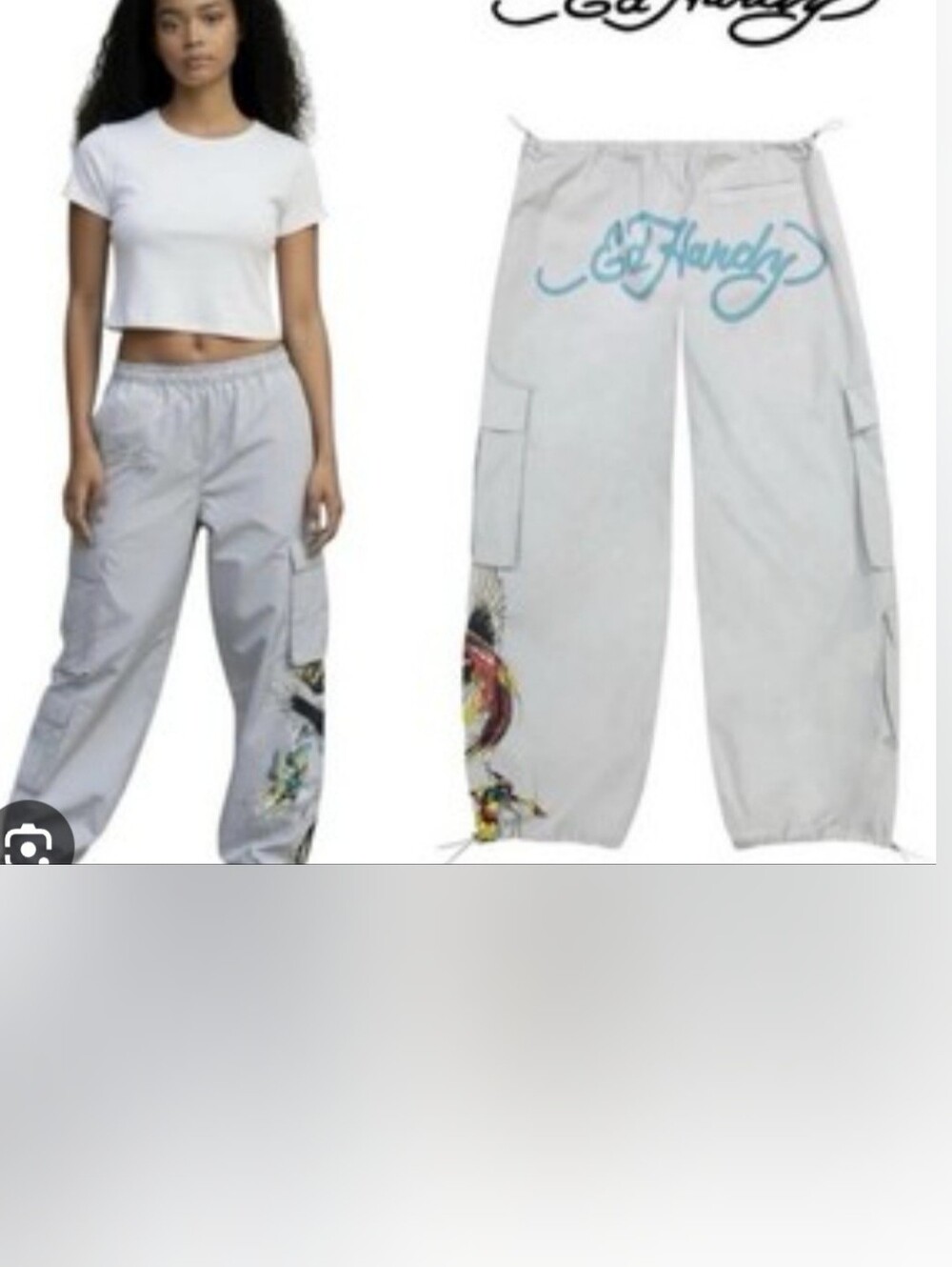 Y2K Ed Hardy Cargo Pants Womans Sz M Phoenix Butterfly Poplin Skater Baggy
